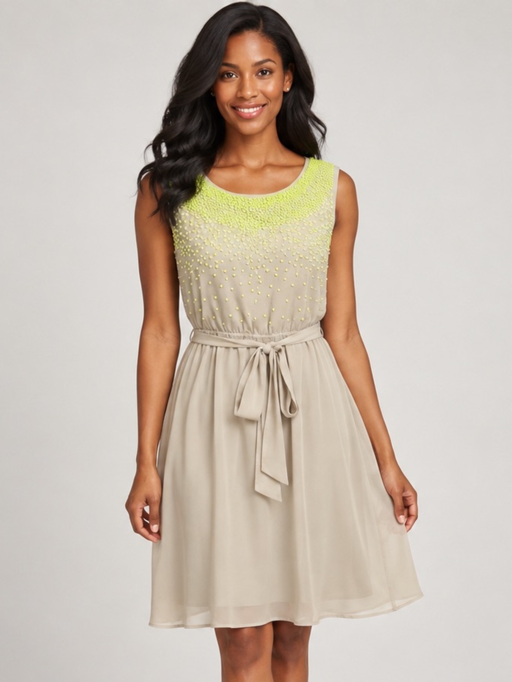 LOFT Petite SP Beaded Embellished Tie Waist Dress Taupe Chartreuse Sleeveless